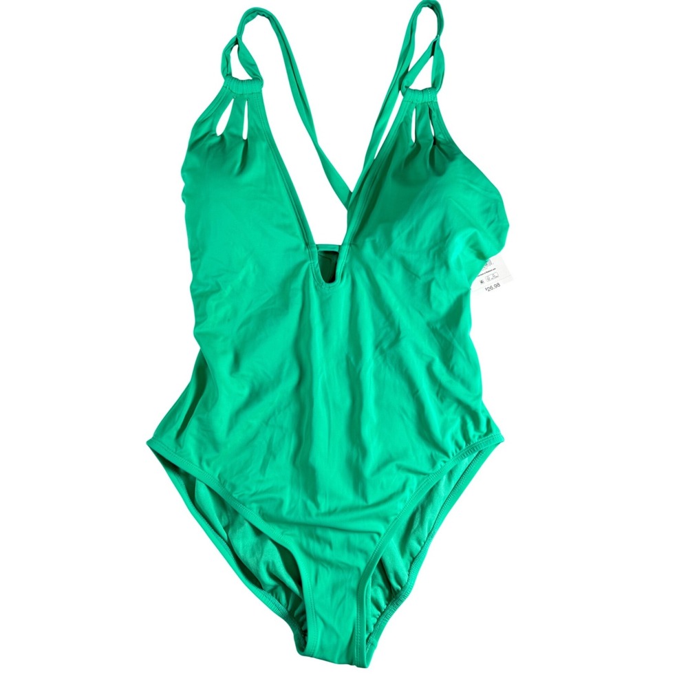 Time and Tru Womens Green Cutout High Leg One Piece Swimsuit Size L 12-14 NWT